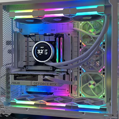 White and grey custom PC with RGB fans and a liquid cooler display