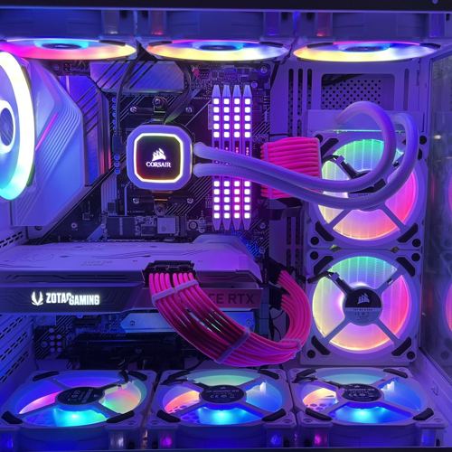 Corsair custom build lit in pink and purple with RGB fans