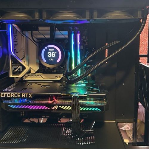 Gold-accented GeForce RTX gaming PC, side view