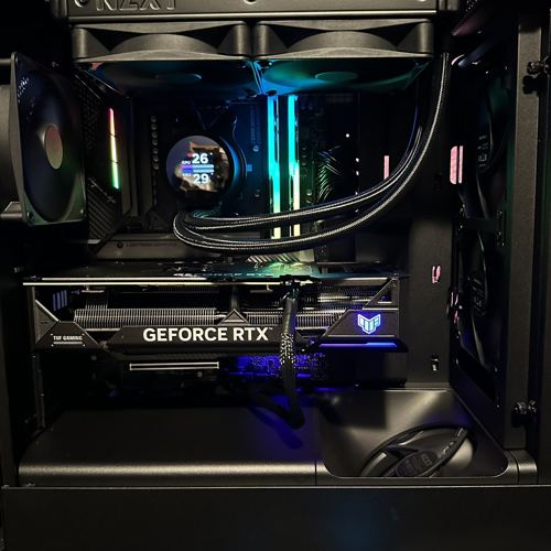 Black custom PC with GeForce RTX card and liquid cooler